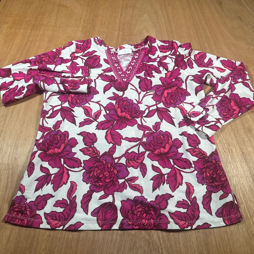 Kim Gravel Belle Floral Knit Top Medium Pink White 3/4 Sleeve Stretch V Neck